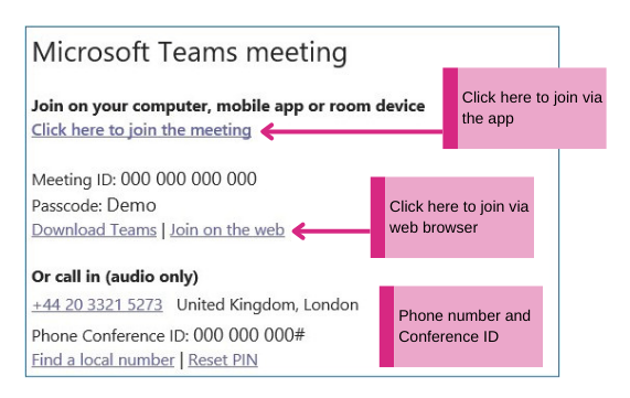 Screenshot of Microsoft Teams, displaying how to join the call.