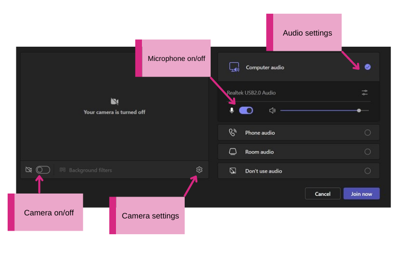 Screenshot of Microsoft Teams, displaying where the microphone, audio and camera settings are