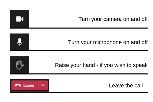 Video icon: turn your camera on and off; microphone icon: turn your microphone on and off; hand icon: raise your hand - if you wish to speak; Leave button: leave the call 